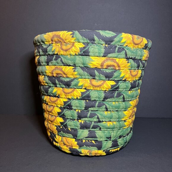 Vintage Green Yellow Fabric Floral Sunflower Print Planter Cache / Waste Basket - Picture 2 of 7